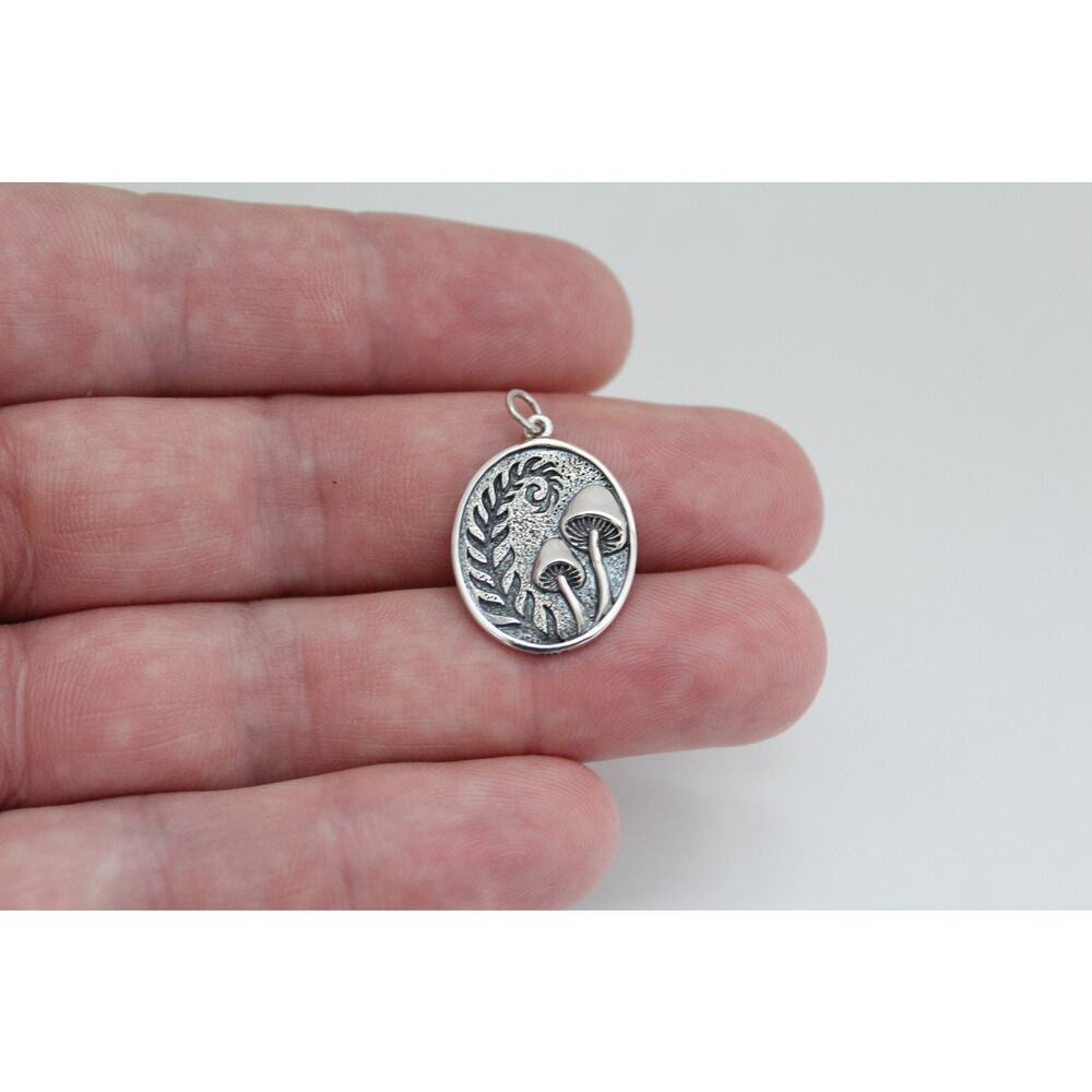 Sterling Silver Etched Fern and Mushroom Pendant